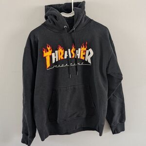 Vintage Y2K Thrasher Magazine Flame Spellout Logo Pullover Hoodie Sweatshirt SM